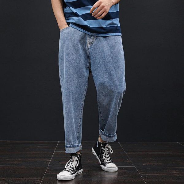 

plus size 42 46 48 men's fashion hip hop blue jeans 2021 new loose wide leg pants jeans male denim ankle-lenght pants