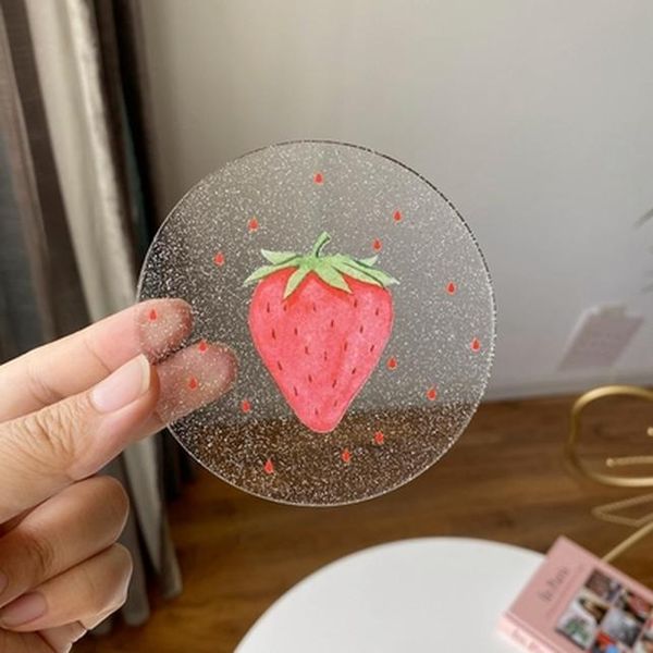 

korea ins colorful acrylic waterproof coaster insulation cup pad coffee milk water mat flower strawberry sequin slip 1pcs h bbyshc