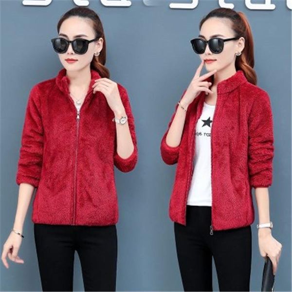 

polar fleece jacket women short autumn winter coral fleece wild cardigan warm stand collar double-sided fleece coat as1375, Black;brown