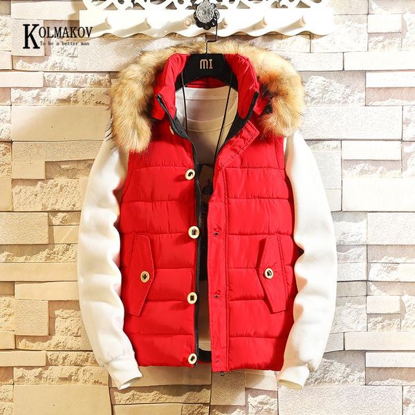 

men's vests kolmakov arrival fur collar hooded vest men casual waistcoat sleeveless padded jacket couples detachable hat outwear 3 colo, Black;white