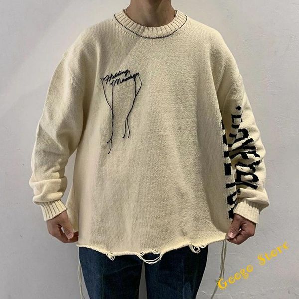 

men's sweaters 2021fw casual fashion vintage doublet marry me sweater men woman tassel destruction knitted crewneck pullover, White;black