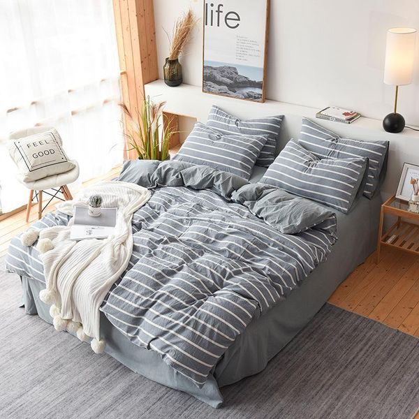 

100% cotton bedding set washed cotton duvet cover set 3 or 4pcs/set home stripe bed linen bedclothes 2020 spring flat sheet