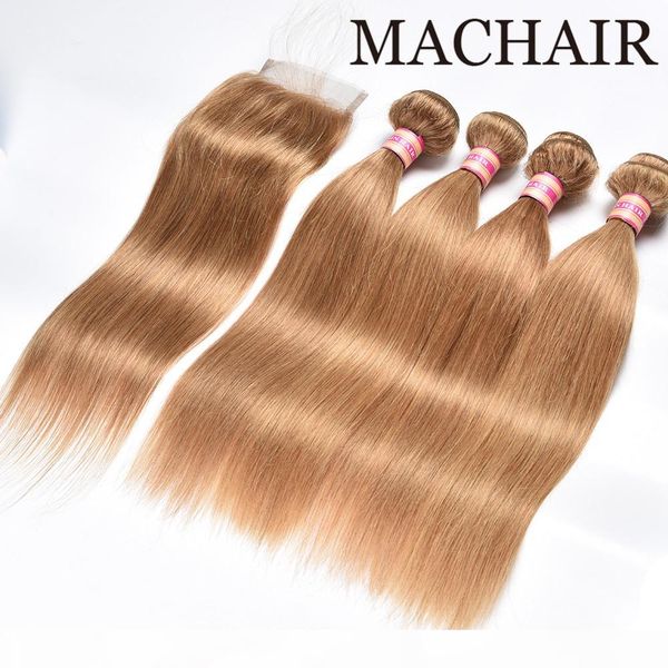 

honey blonde 27# body wave bundles with closure brazilian straight human hair weave 3 bundles with 4x4 part lace closure extension, Black;brown