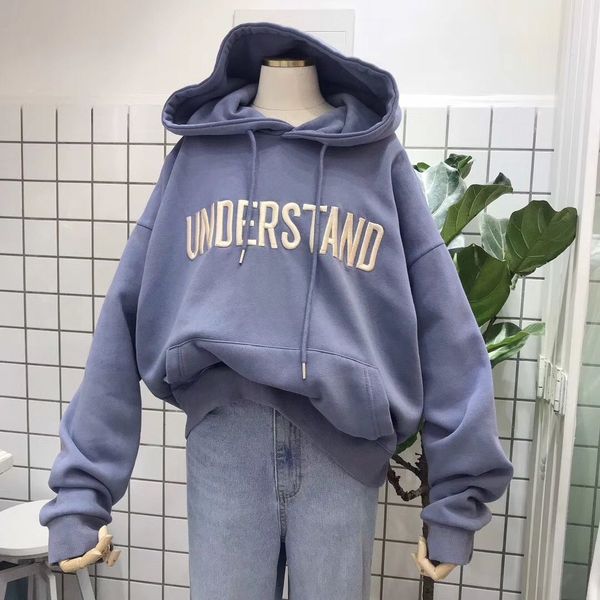 

south korea ulzzang autumn / winter 2020 korean loose hooded sweater women plush letter embroidered ins fashion coat, Black