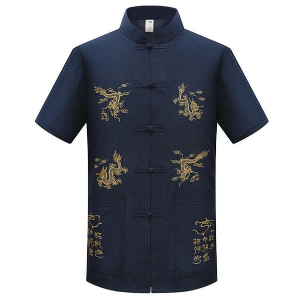 

traditional chinese clothing for men summer short sleeve blouse embroidery dragon china fashion style shirt mens 1, Red