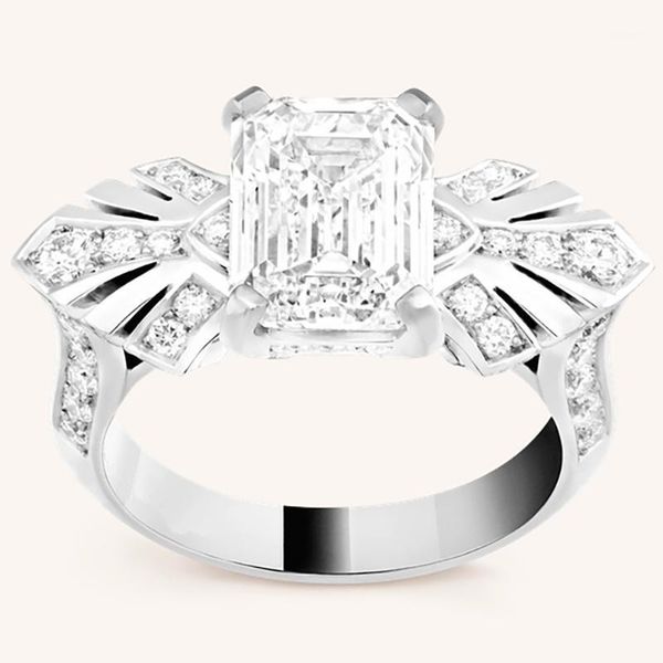 

14k au585 white gold ring women wedding anniversary engagement party ring fan rectangle emerald moissanite diamond elegant1, Golden;silver