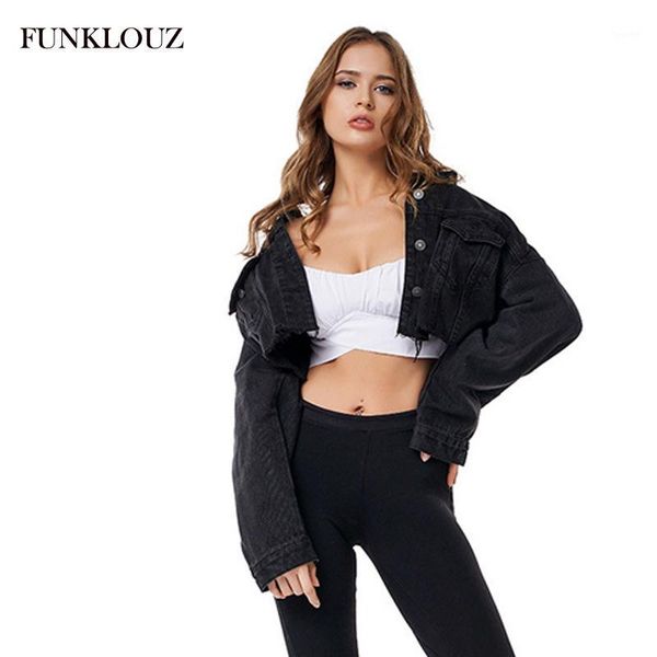 

funklouz autumn black frayed hem ripped crop denim jean jacket women drop shoulder long sleeve ladies short coat1, Black;brown