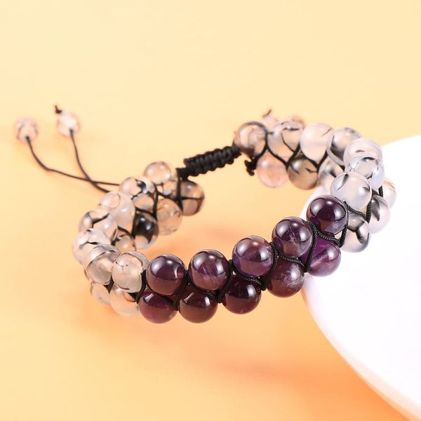 

tennis adjustable 8mm natural stone wrap bracelets double woven rope amethysts pink crystal bracelet wristband women girls jewelry, Golden;silver