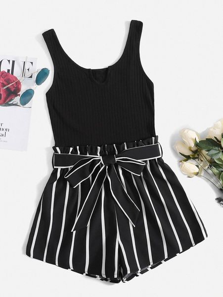 

striped notched neck belted tank romper k6cn#, White