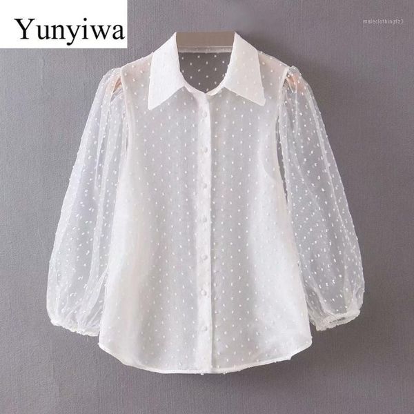 

women's blouses & shirts 2021 women's polking tulle long-sleeved white shirt womens blouse vintage party clothing blusas mujer1