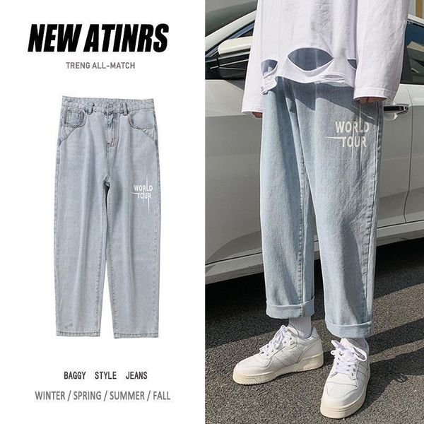 

summer 2021 fashion jeans men's trousers casual pants korean fashion trend brand loose straight all-match ankle length pants1, Blue