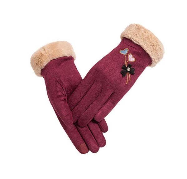 

five fingers gloves women' flower embroidered touch screen driving ladies autumn winter warm thick faux suede full finger mittens, Blue;gray
