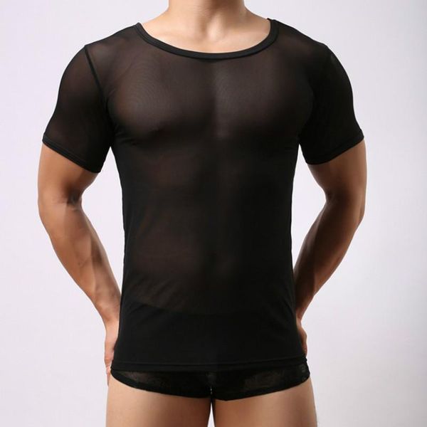 

men's t-shirts tight mesh long-sleeved breathable round neck slim perspective corset zm-06, White;black