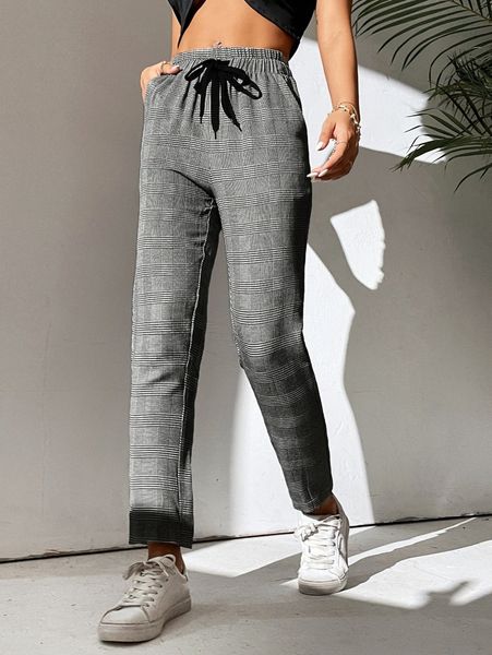 

petite glen plaid drawstring waist pants p2kw#, Black;white