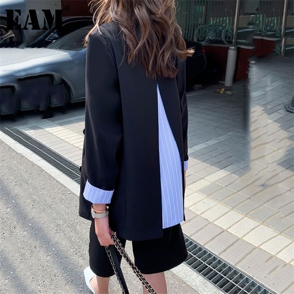 

[eam] women black striped split big size blazer new lapel long sleeve loose fit jacket fashion tide spring autumn 2020 lj201212, White;black