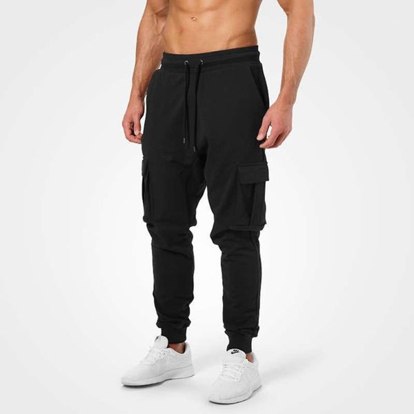 

casual jogger pants men running sweatpants gym fitness workout track pants male sports cotton multi-pocket trousers sportswear1, Black