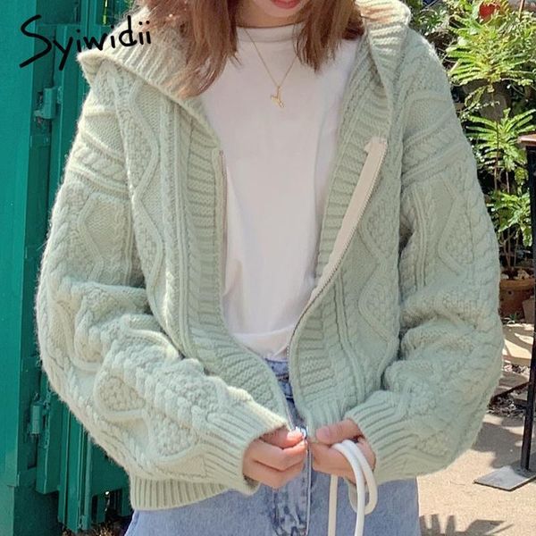 

syiwidii new hooded sweater women ribbed knitted zipper twist thick autumn winter solid ladies cardigans casual crop coats1, White