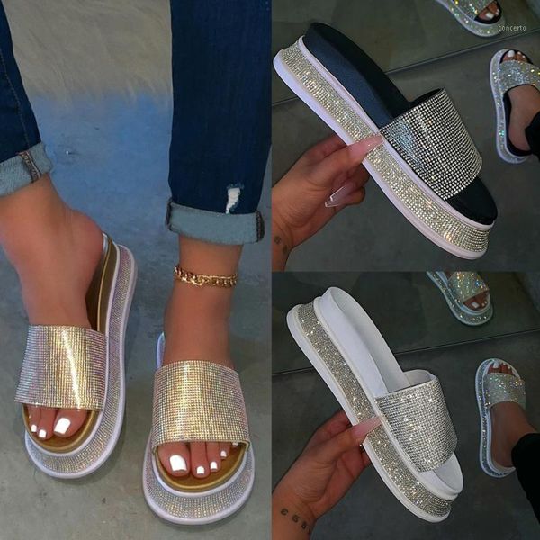 

slippers 2021 female fashion beach flip flops shiny flat heel bottom outdoor sandals women rhinestone for ladies shoes d301, Black