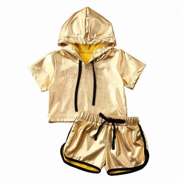 

new fashion summer baby girl sports outfits clothes sets loose hooded gold color casual pants 2pcs suits1, White