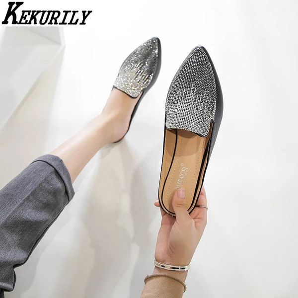

slippers pointed toe mules women flats shallow slides crystal slip on shoes flat loafers fashion sandalias mujer black white