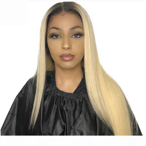 

blonde ombre human hair lace wigs with baby hair virgin brazilian straight 2 tone dark roots 1b ombre 613 blonde full lace wig, Black;brown