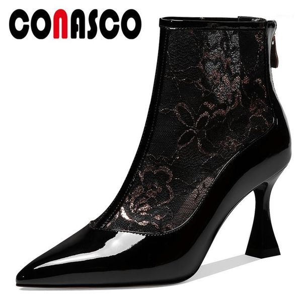 

conasco 2020 new euro style fashion women patent leather summer ankle boots embroider mesh pointed toe back zipper boots woman1, Black