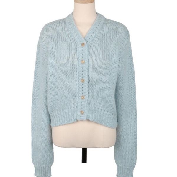 

autumn and winter new fresh and gentle blue v-neck long-sleeved knitted short cardigan sweater jacket women, White