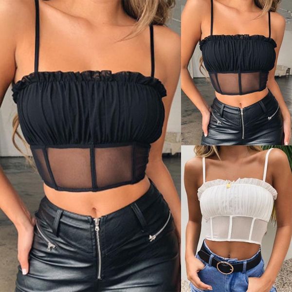 

women vest splicing ruffle camisole crop perspective short sleeveless fashion ladies tank summer streetwear, Gray;blue