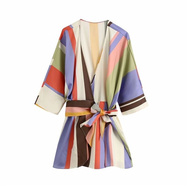 

women autumn summer casual colorful striped print za playsuits chic lady high waist v-neck short jumpsuits with sashes y200904, Black;white