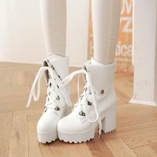 

sianie tianie solid white ins winter fur plush warm goth platform block high heels lace-up thermal motorcyle ankle boots women, Black