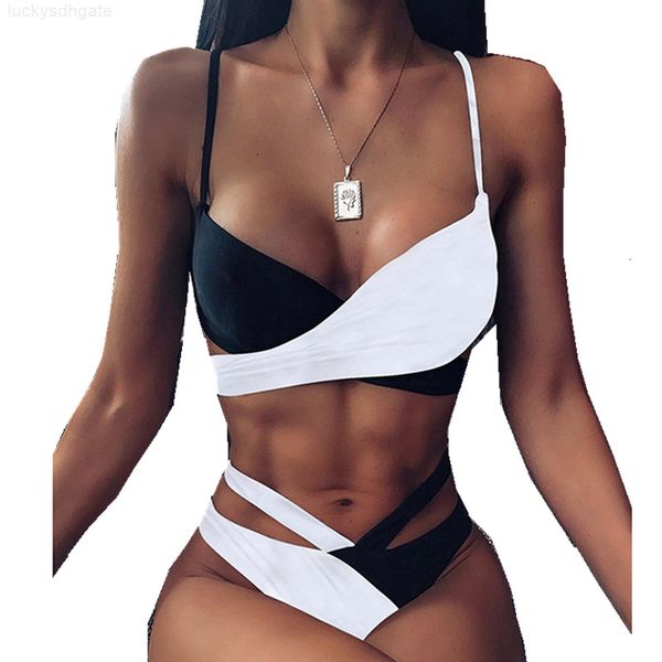 

leopard print contrast color bikini swimsuit high waist gathered wwimsuit women two styles s-xl, White;black