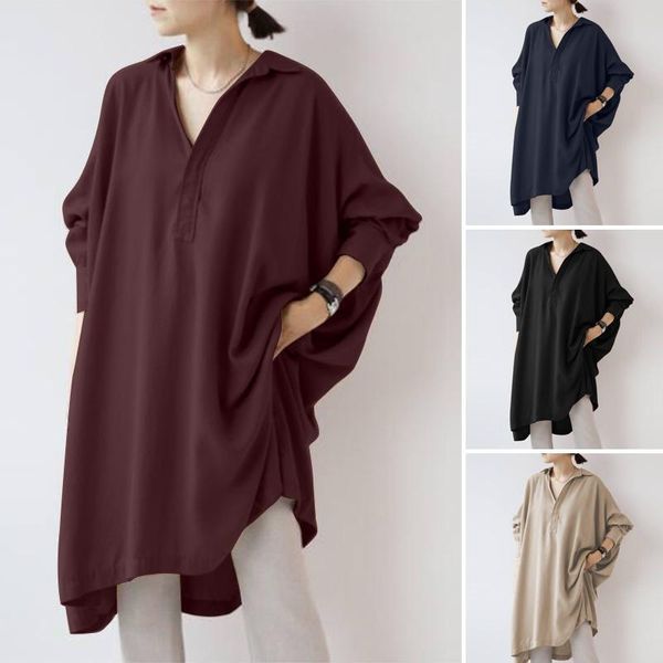 

casual solid tunic female split long shirts zanzea elegant women blouse autumn lapel neck long sleeve shirt loose blusas, White