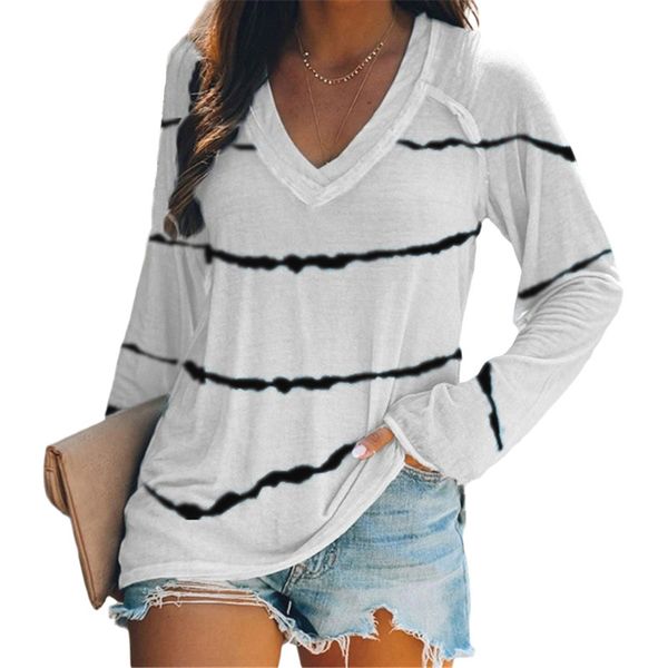 

tie-dye stripes print t-shirt female autumn spring fashion simple long-sleeved casual loose v-neck t-shirts plus size s-5xl kg-113, White