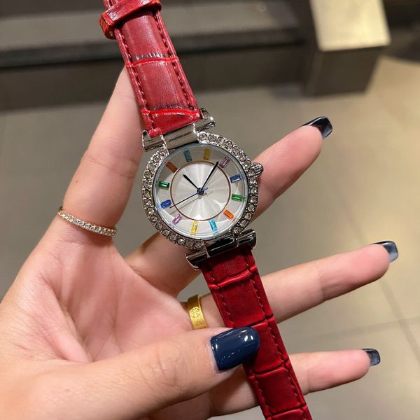 

fashionable and simple ladies watch full of diamond ring mouth color diamond literal quartz movement cowhide strap 36mm dial, Slivery;brown