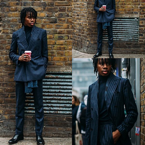 

navy striped men's pants suits double breasted custom made wedding business tailored formal blazer jacket (jacket+pants), Black;gray