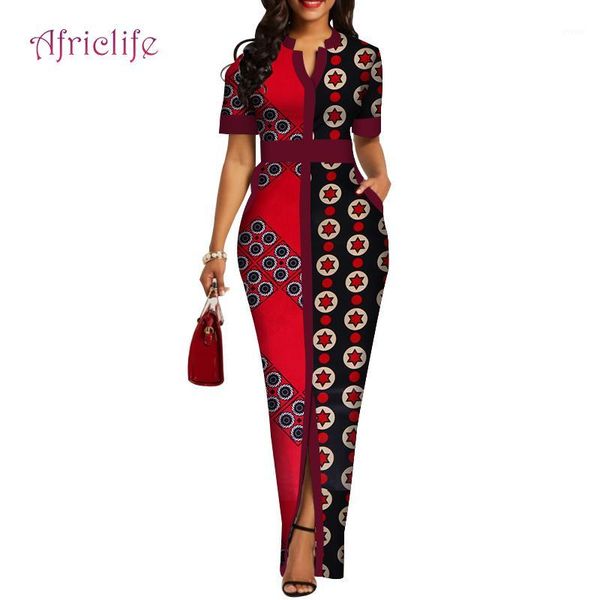 

summer v necklace women long dress slim african clothes for women short sleeve skirt clothes wy44241, Red