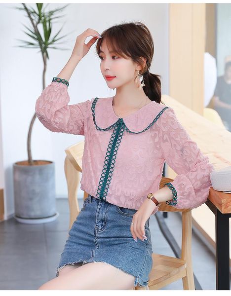 

2021 spring new lace shirt long sleeve sweet doll collar shirt female design sense niche top, White