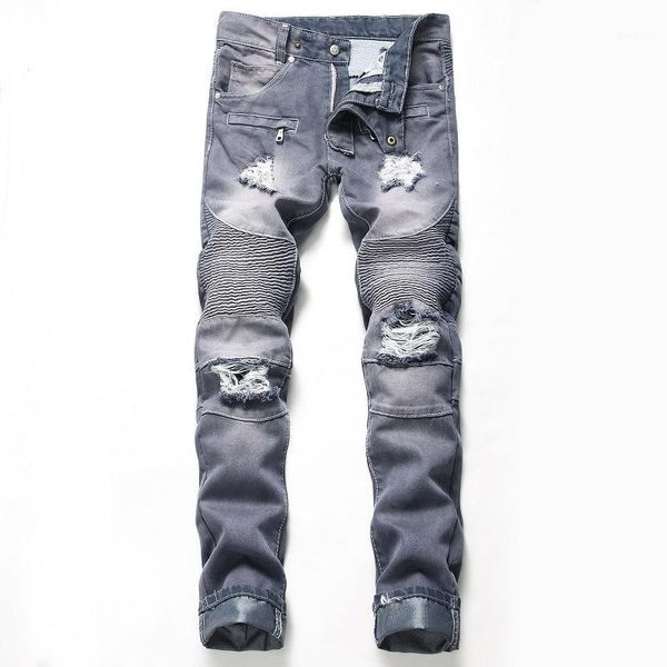 

men's nostalgic hole-breaking locomotive jeans straight trousers male distressed denim pants biker jeans luxury men clothing1, Blue