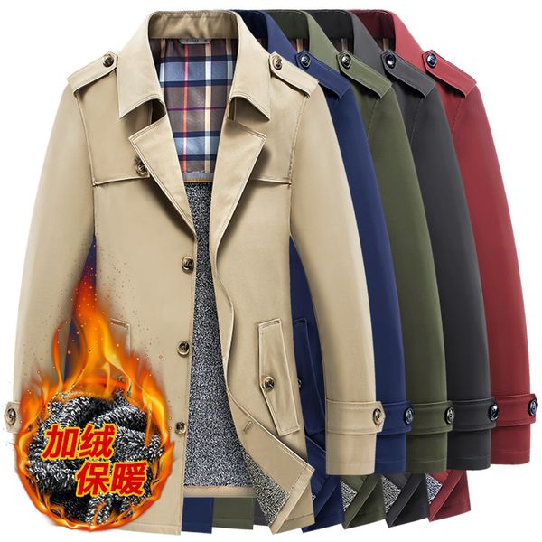 

autumn and winter large size plush thick lapel slim coat medium length single breasted casual men's windbreaker, Tan;black