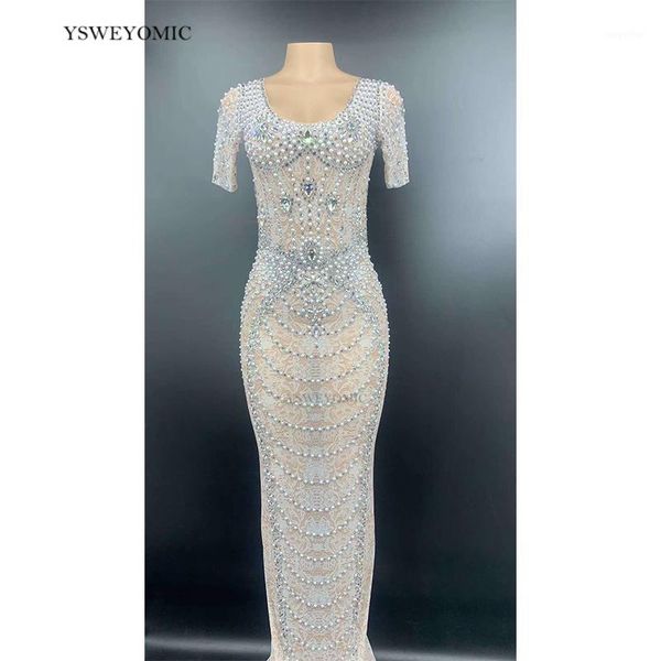 

new style rhinestones pearls short sleeves transparent dress birthday celebrate long dress prom women dance outfit1, Black;red