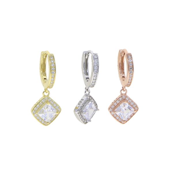 

100% 925 sterling silver geometric square halo charm drop earring sparking bling wedding engagement gift jewelry wholesale, Golden;silver
