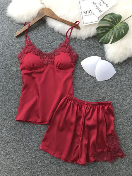 

camisole short pants pajama sets womens lace v neck sleepwear fashion thin ladies solid color underwear, Black;red