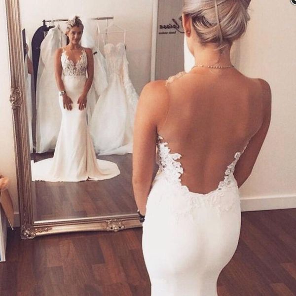 

scoop white wedding dresses sleeveless applique mermaid illusion back sweep train floor length bridal gowns vestido de noiva p53