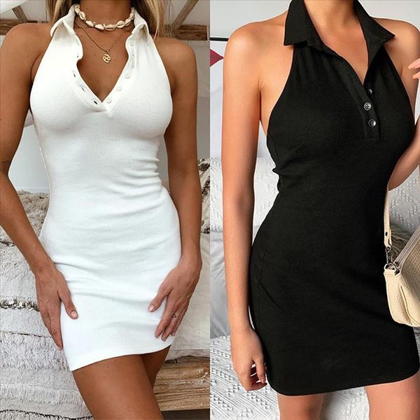 

women dresses strap dress backless solid hang neck dress boho print mini sundress v neck ladies clothes robe femme, Black;gray