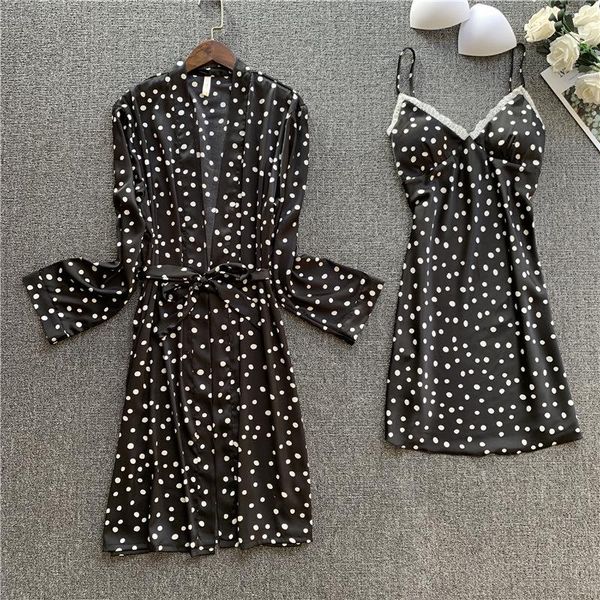 

2021 spring women robe & gown sets lace sleep lounge pijama dot long sleeve nightwear bathrobe night dress with chest pads, Black;red