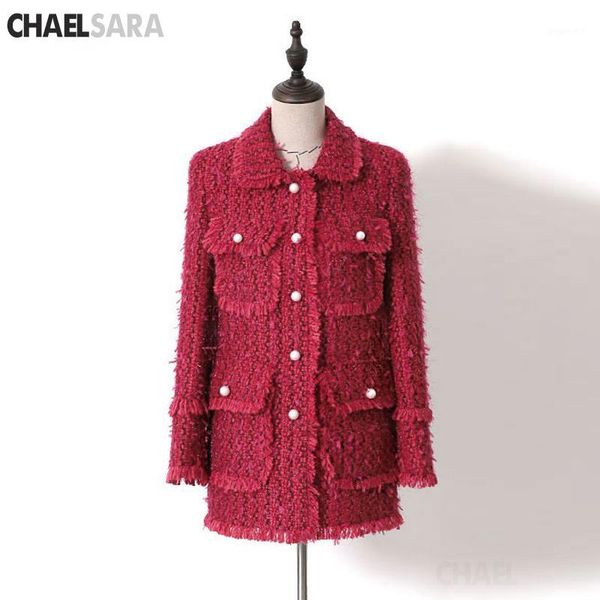 

luxury red wine blazer suits for women fashion hepburn tweed pearl button tassel long blazer coat1, White;black