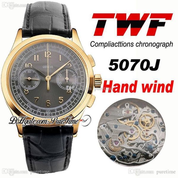 

twf platinum compliacttions chronograph 5070j hand winding automatic mens watch 18k yellow gold gray dial black leather ptpp puretime p5d4, Slivery;brown