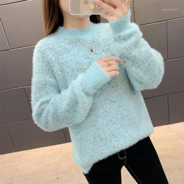

women's sweaters women imitation mink knitted sweater 2021 autumn winter girl round neck hedging female korean casual bottoming sweater, White;black