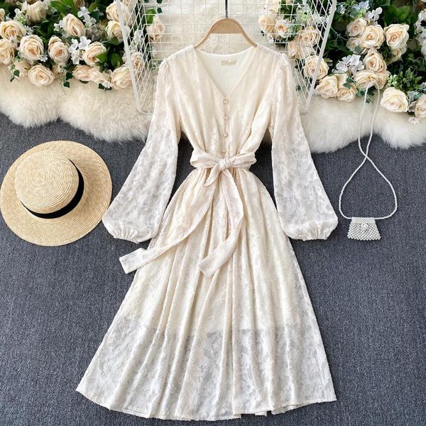 

singreiny women elegant french dress sleeve v neck lace up a-line dresses autumn fashion streetwear midi long dress, Black;gray