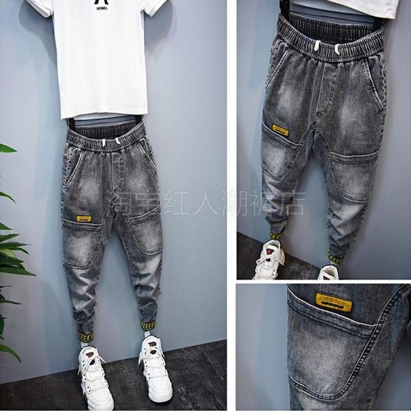 

spring and summer 2021 teenagers thin men's jeans trend harlan casual pants spirit guy boys tie small feet ankle length pants, Blue